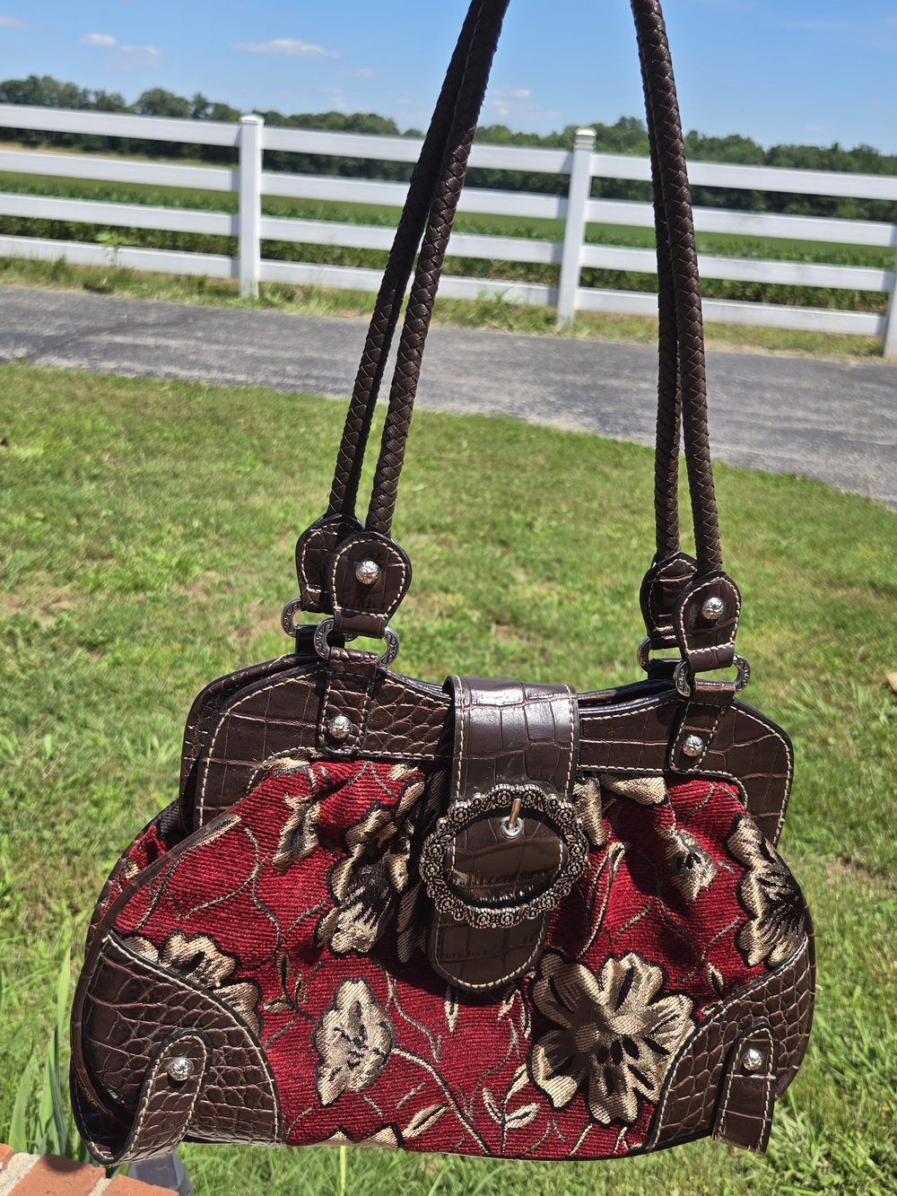 Red Floral Tapestry Shoulder Bag with Brown Vinyl Trim